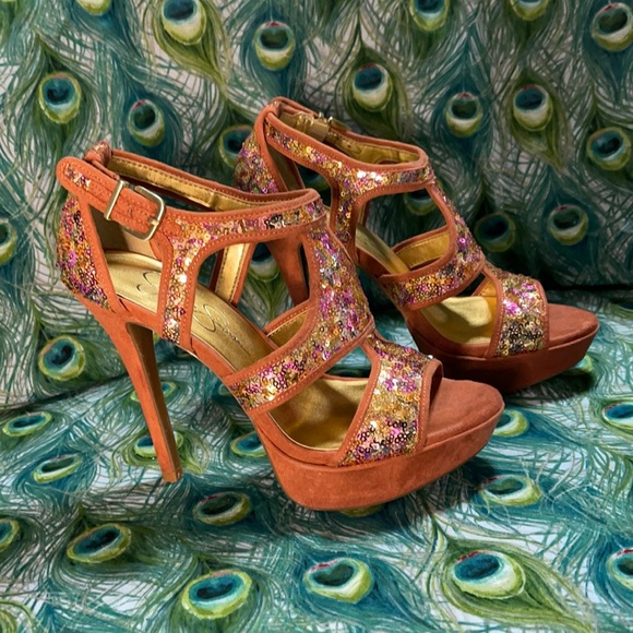 Jessica Simpson Shoes - Jessica Simpson Bruno Women’s Orange Party Sequin Open Toe Ankle Strap Heels  7